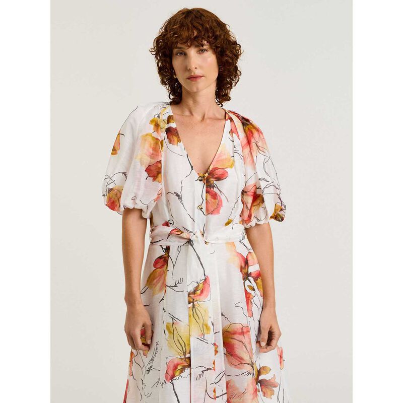 Veronika Maine Painted Floral Linen Silk Blouson Sleeve Midi Dress image number 3